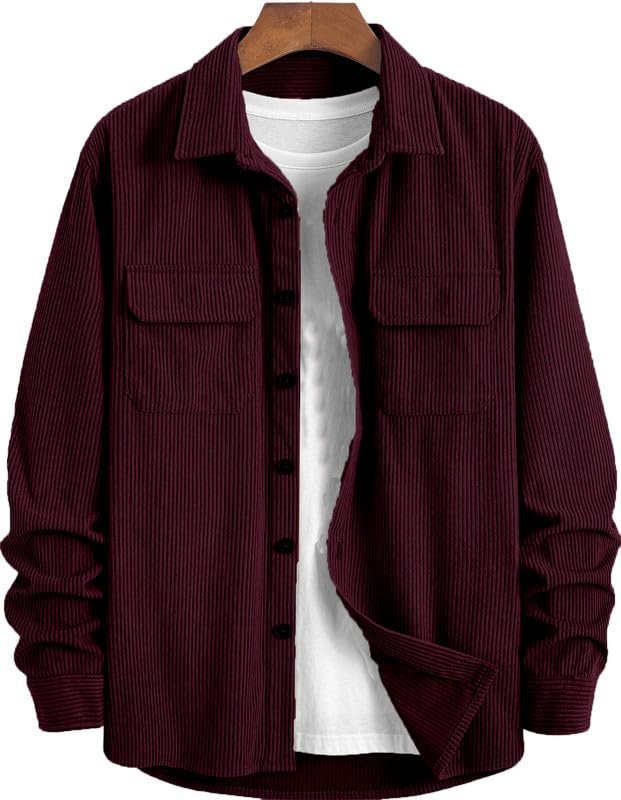 MiraMichi Men's Full Sleeve Corduroy Striped Casual Jacket, Ideal for Stylish Everyday Outfits (Wine, L) - Image 5