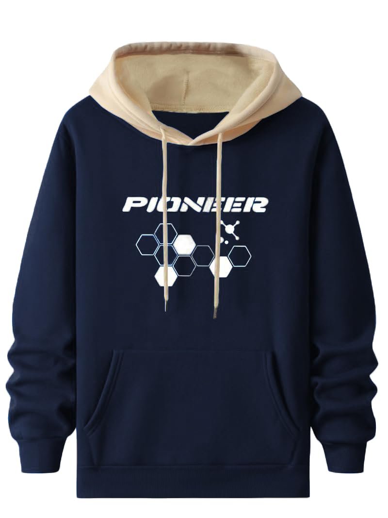 TAGDO® Men's Casual Woolen Hoodie with Unique Letter Patterns | Hoodie for Man | Sweatshirt for Man (Hexa-HDY-2043-Navy-M)