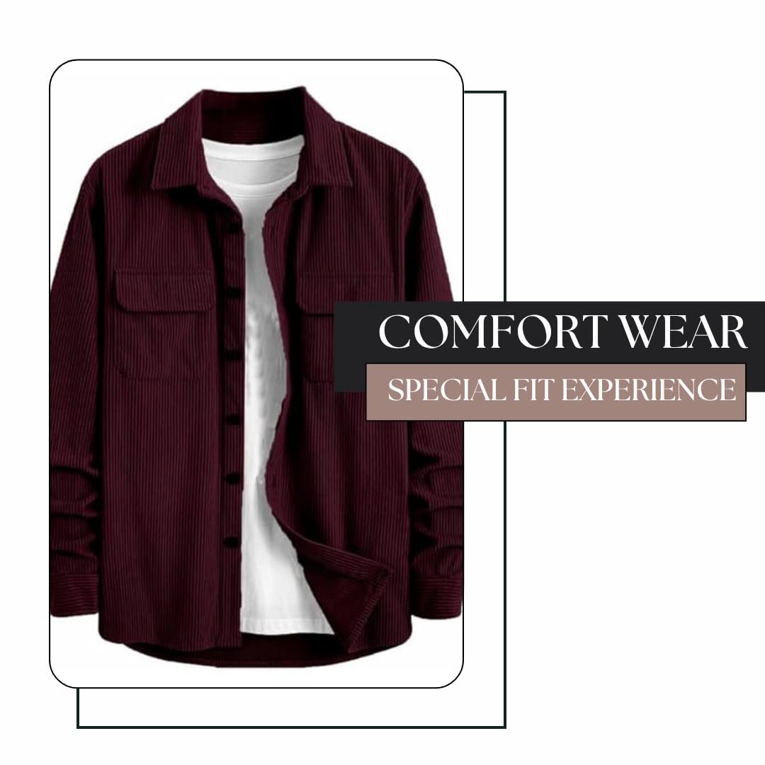 MiraMichi Men's Full Sleeve Corduroy Striped Casual Jacket, Ideal for Stylish Everyday Outfits (Wine, L) - Image 2