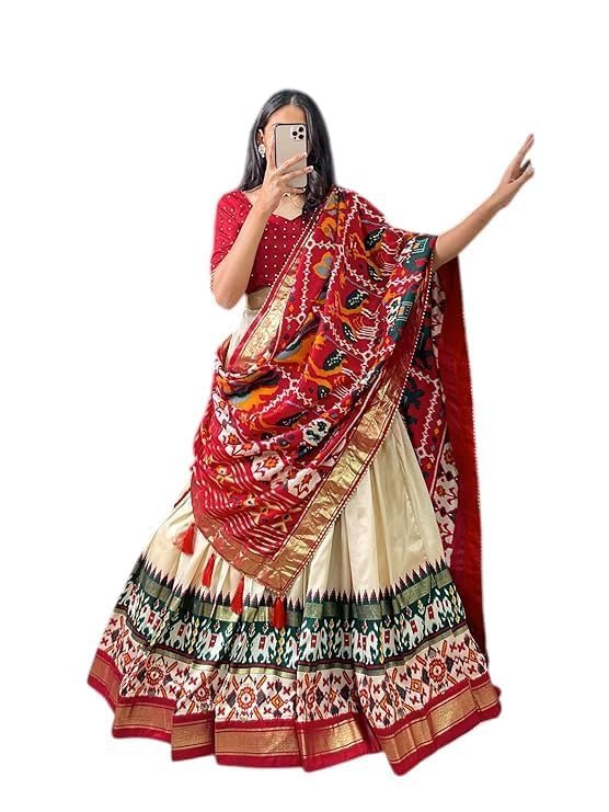 Women's Dot & Ikkat Print With foil work Tussar Silk Lehenga Choli Set (MIRROR WHITE)