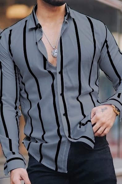 COMBRAIDED Men's Striped Slim Fit Lycra Shirt | Full Sleeve Stretchable Shirt | Trendy Black and White Vertical Stripes for Casual (in, Alpha, L, Grey) - Image 5