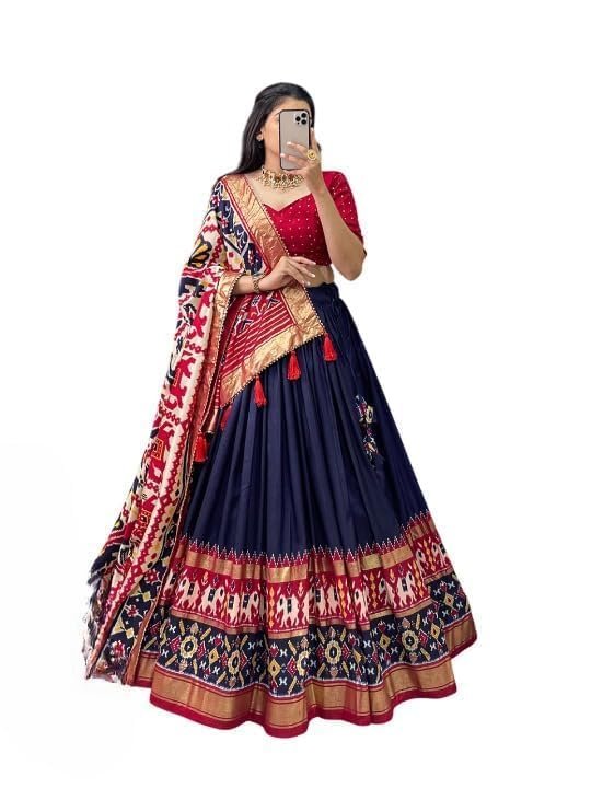 Women's Trending Designeer Tussar Silk Lehenga Choli Print with Foil Work With Unstitched Blouse Patola Print Adorned with Foil Work For Navrati || Wedding (MIRROR NAVY BLUE)