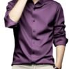 IndoPrimo Men's Stylish Solid Satin Casual Shirt for Men Full Sleeve Spread Collared Neck Classic Fit Curved Hem Length | Shir for Man | Purple XXL