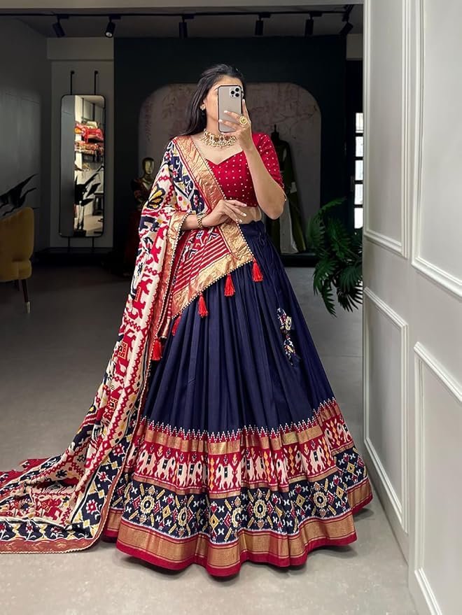 Women's Trending Designeer Tussar Silk Lehenga Choli Print with Foil Work With Unstitched Blouse Patola Print Adorned with Foil Work For Navrati || Wedding (MIRROR NAVY BLUE) - Image 5