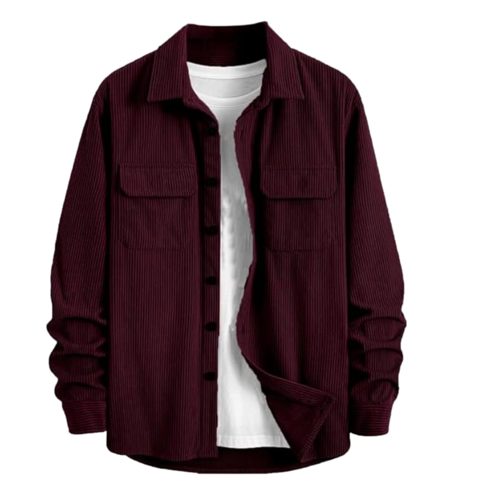 MiraMichi Men's Full Sleeve Corduroy Striped Casual Jacket, Ideal for Stylish Everyday Outfits (Wine, L)