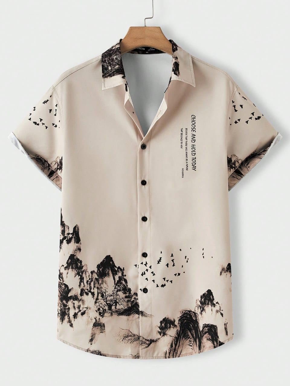 Lycra Fabric Digital Printed Half Sleeve Shirt Beige