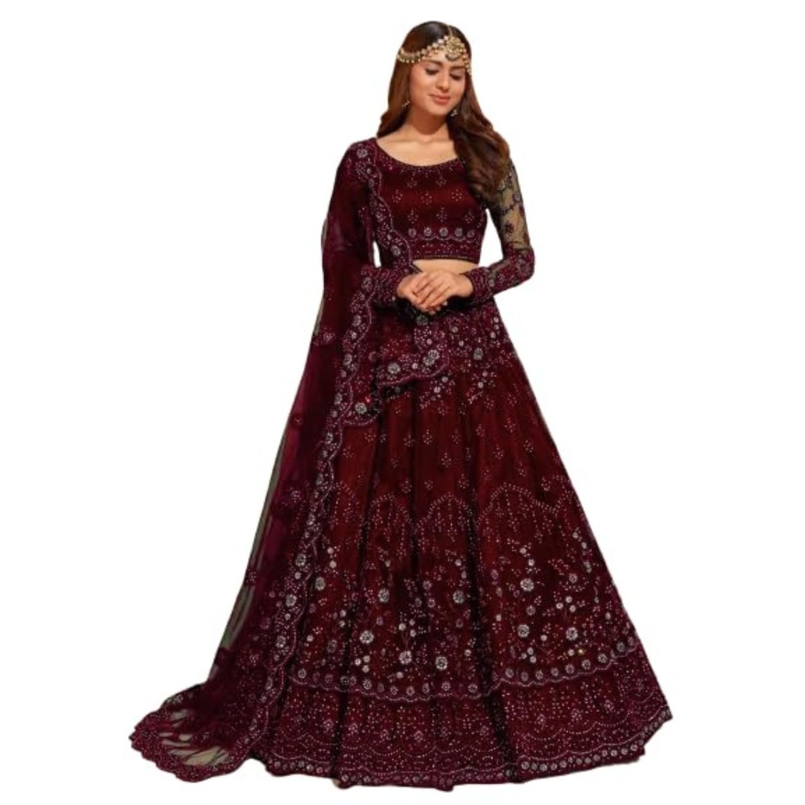 ZAALIMA FASHION Women`s Net Embroidered Silver Work Semi Stitched lehenga Choli (MAROON)