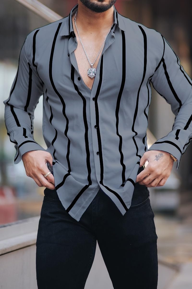 COMBRAIDED Men's Striped Slim Fit Lycra Shirt | Full Sleeve Stretchable Shirt | Trendy Black and White Vertical Stripes for Casual (in, Alpha, L, Grey) - Image 8