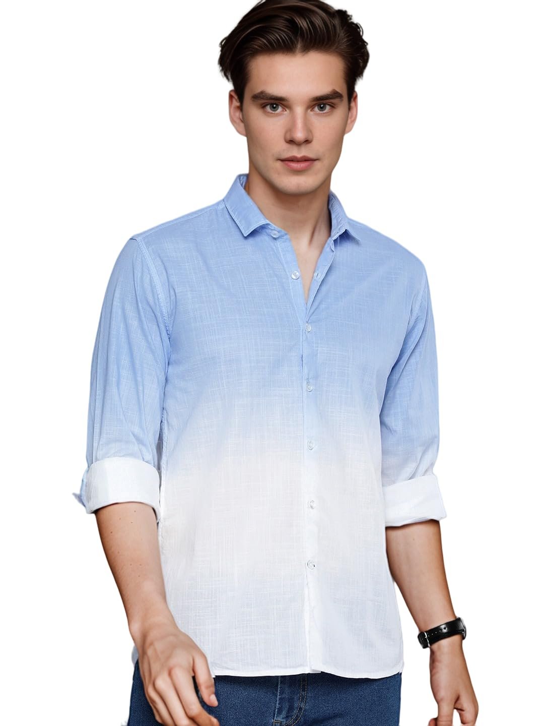 IndoPrimo Men's Cotton Casual Solid Shirt for Men Full Sleeves (X-Large, Sky - White)