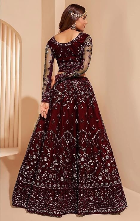 ZAALIMA FASHION Women`s Net Embroidered Silver Work Semi Stitched lehenga Choli (MAROON) - Image 2