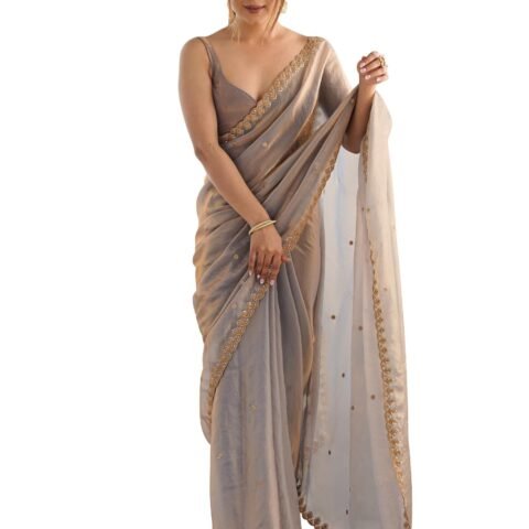 AKHILAM Women's Metallic Paper Silk Embroidered Saree With Unstitched Blouse Piece (AARYAN14301_KR)
