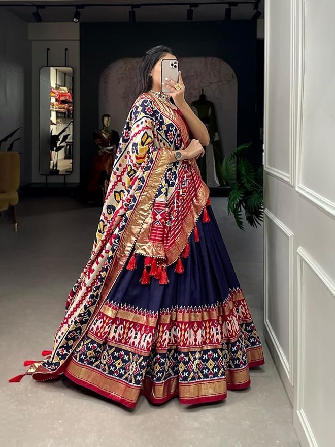 Women's Trending Designeer Tussar Silk Lehenga Choli Print with Foil Work With Unstitched Blouse Patola Print Adorned with Foil Work For Navrati || Wedding (MIRROR NAVY BLUE) - Image 4