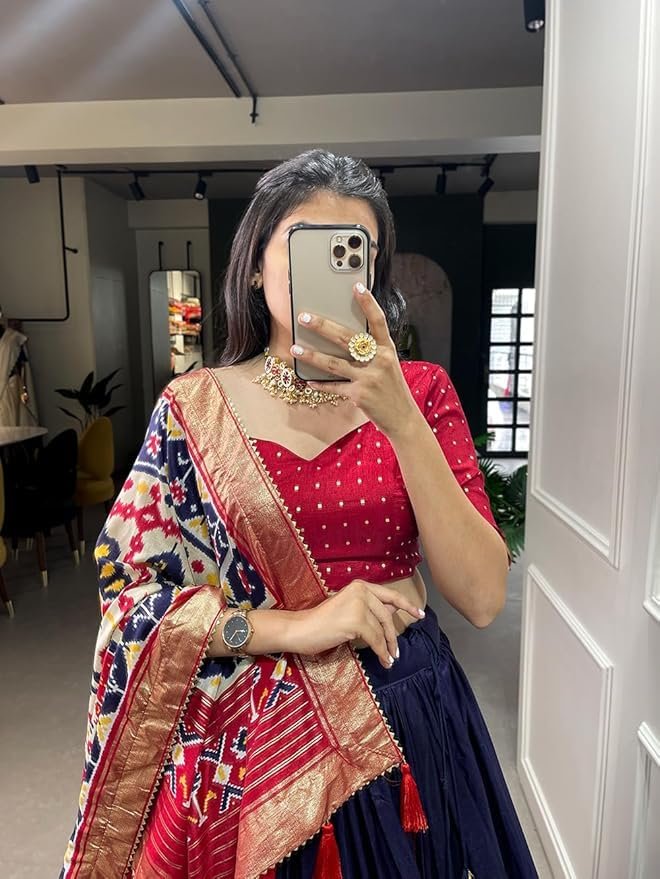 Women's Trending Designeer Tussar Silk Lehenga Choli Print with Foil Work With Unstitched Blouse Patola Print Adorned with Foil Work For Navrati || Wedding (MIRROR NAVY BLUE) - Image 3