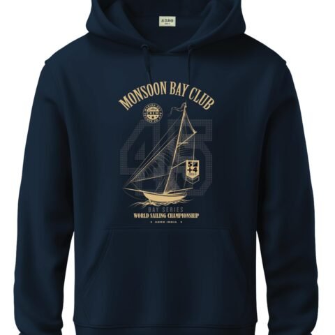 ADRO Men’s 320 GSM Cotton Poly Fleece Hoodie – Monsoon Bay Club Sailing Graphic, Soft Feel Fabric, Skin-Friendly Print, Navy Blue Casual Winter Printed Hoodies with Kangaroo Pocket | H25-MNSN-NB-M