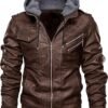 Blaq Ash Men's Faux Leather Hooded Motorcycle Jacket, Zip-Up, with Pockets, Removable Hood (IN, Alpha, S, Brown)