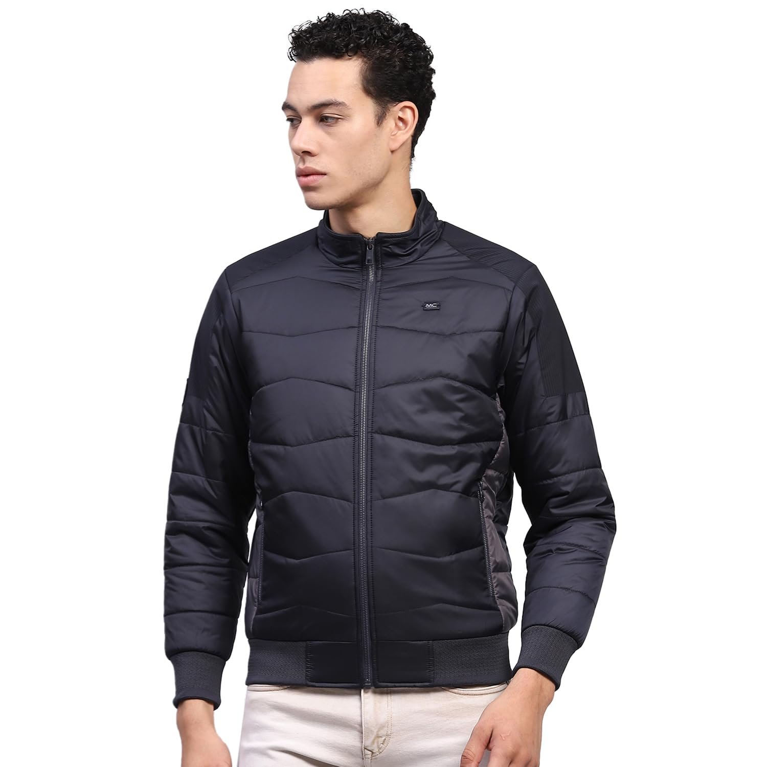 Monte Carlo Mens Solid Navy Blue Mock Neck Full Sleeve Jacket (224066754-2-46)