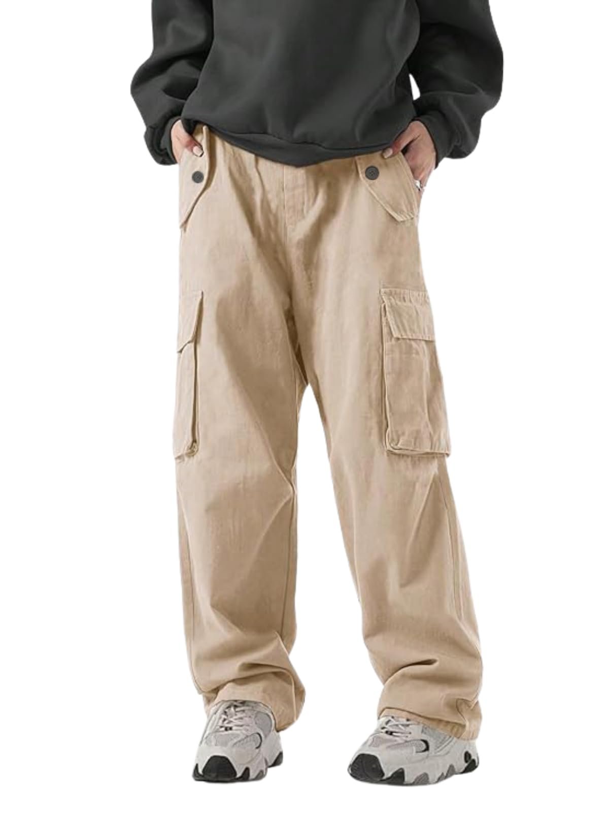 GRECIILOOKS Men's Loose Low Rise Cargo Pants | Baggy 6 Pocket Lower Pant | Casual Cotton Pents | Formal Trousers Brown