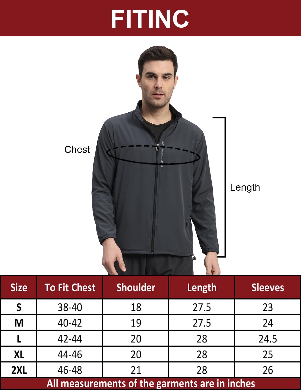 FITINC Sports Jacket for Men with Two Hidden Zipper Pockets - Grey(Medium) - Image 4