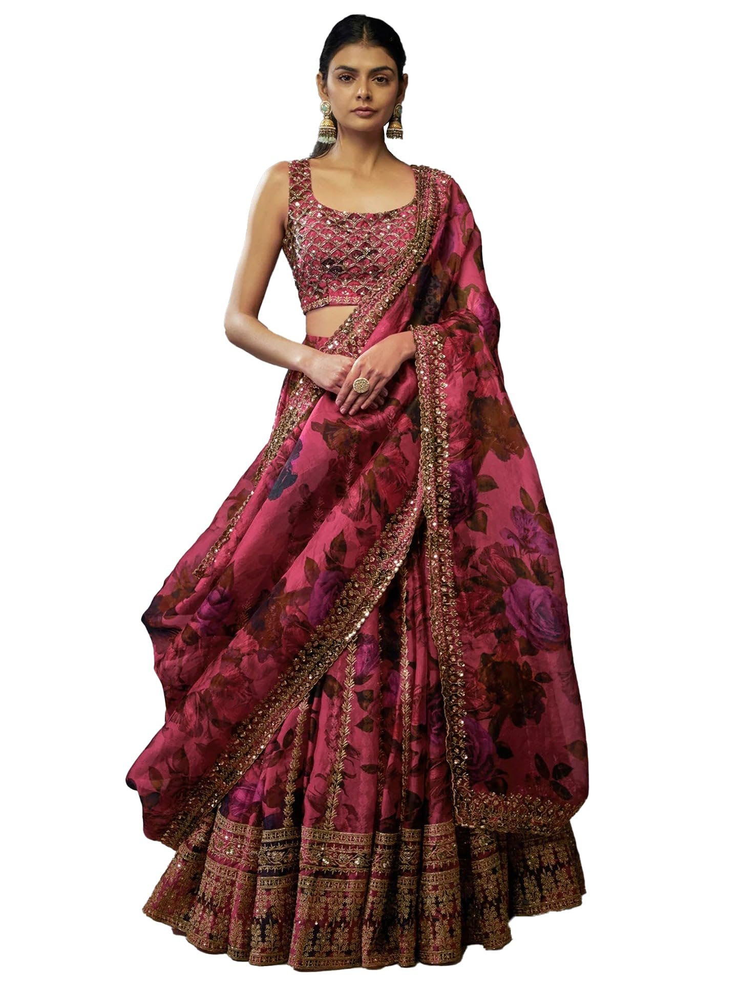 JIHU CULTURE Pink Organza Zari Sequence Embroidery Work Semi-Sttiched Lehenga Choli Set For Women