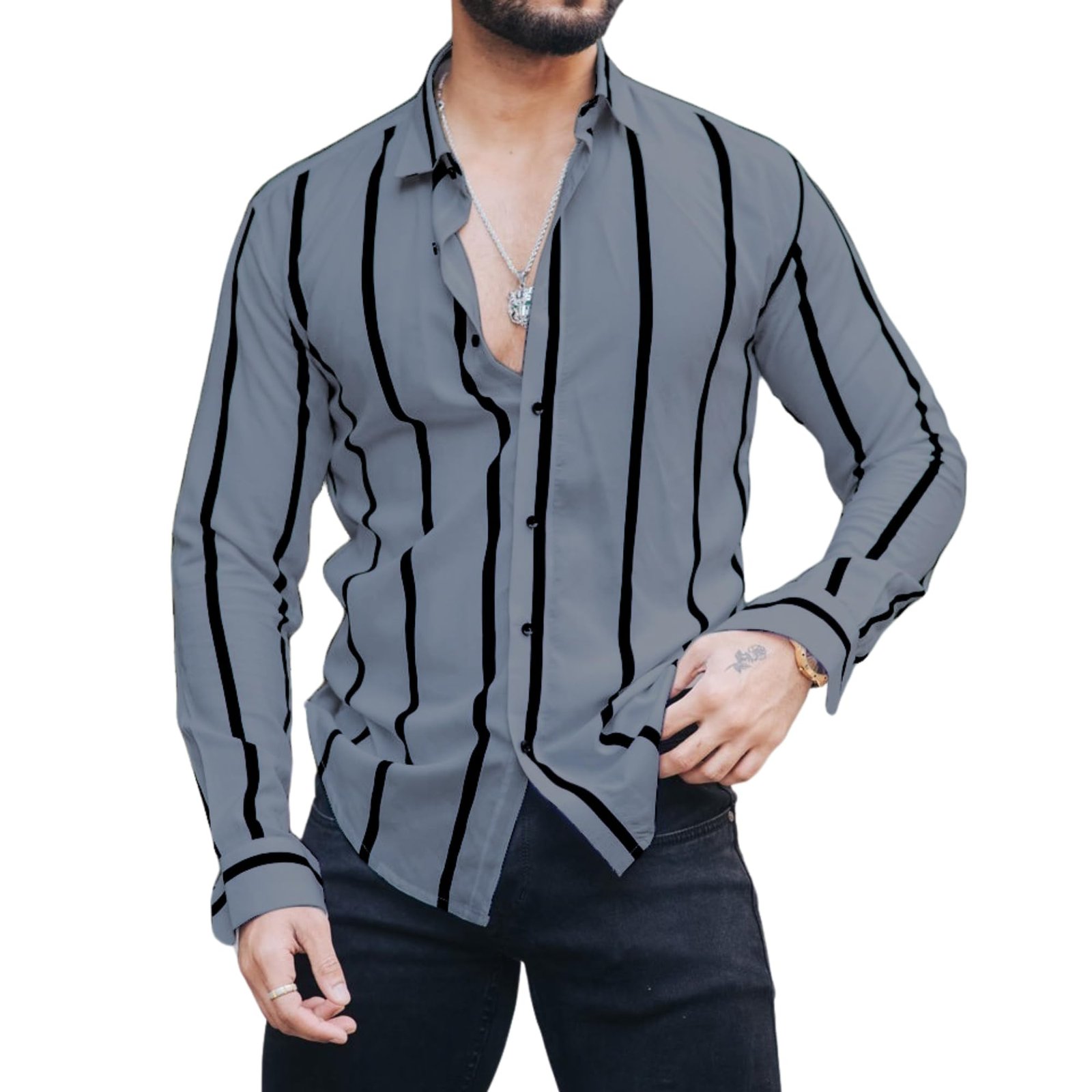 COMBRAIDED Men's Striped Slim Fit Lycra Shirt | Full Sleeve Stretchable Shirt | Trendy Black and White Vertical Stripes for Casual (in, Alpha, L, Grey)