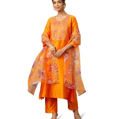 Amazon Brand - Myx Women's Kurta Pant Set with Embroidered Organza Dupatta | Viscose,Rayon | A-line fit (AW24-MYX-SKD-VN-06_Saffron_XS)
