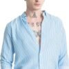 U TURN Men's Cotton Casual Printed Striped Stylish Latest Shirt for Men (SkyBlue-White; Large)