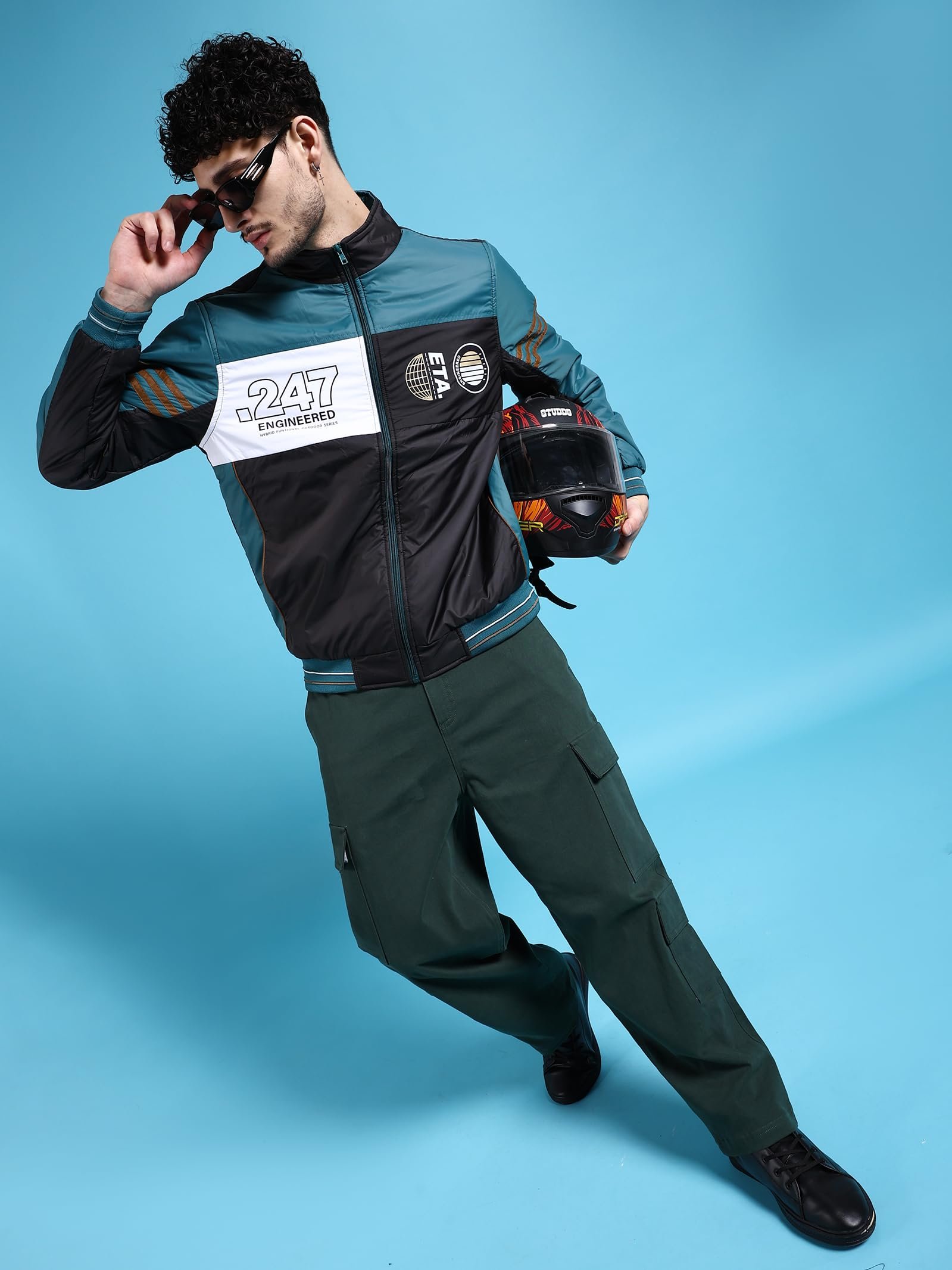 The Indian Garage Co Men Black Regular Fit Colourblocked Bomber Jacket - Image 6