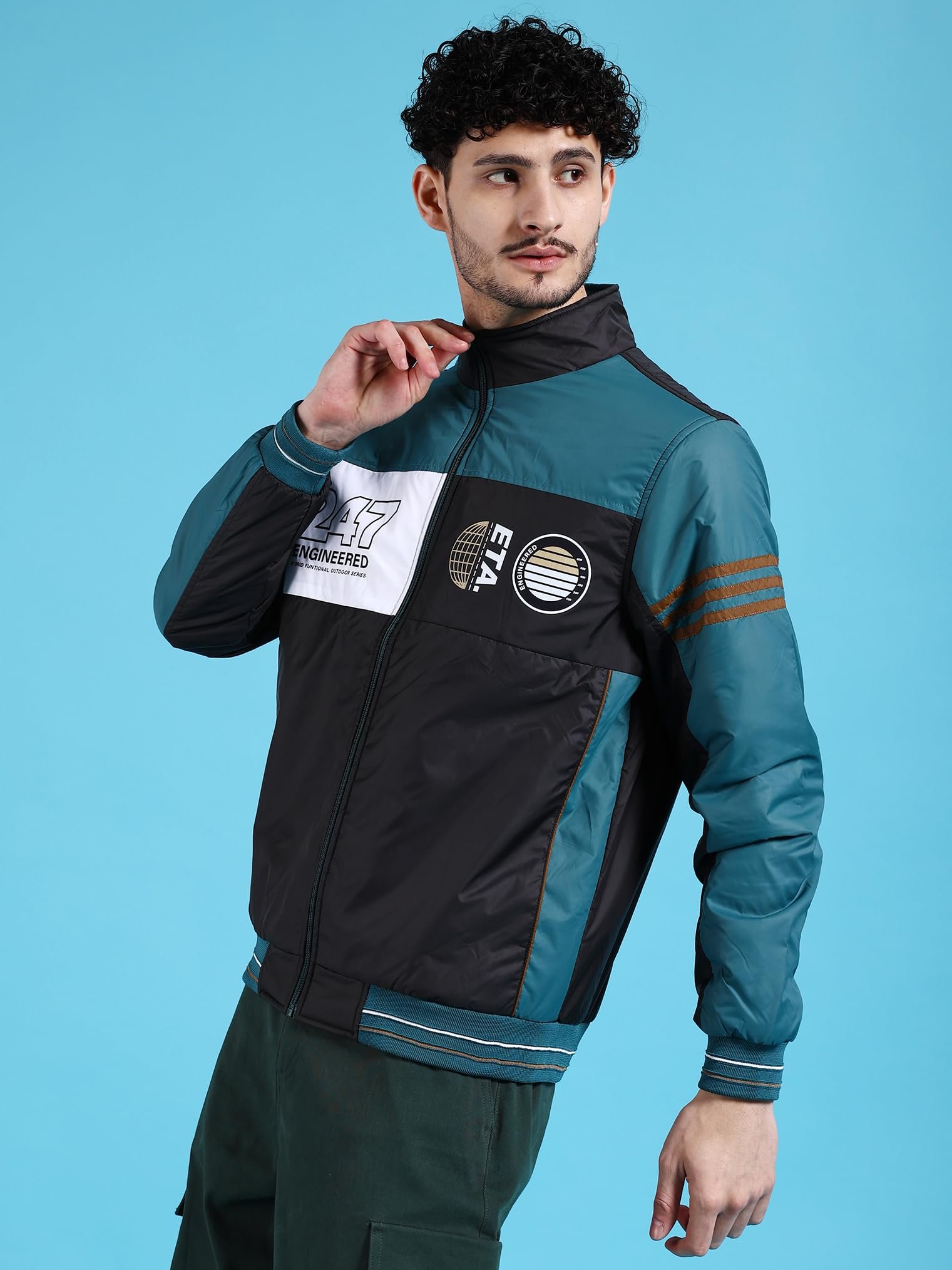 The Indian Garage Co Men Black Regular Fit Colourblocked Bomber Jacket - Image 4