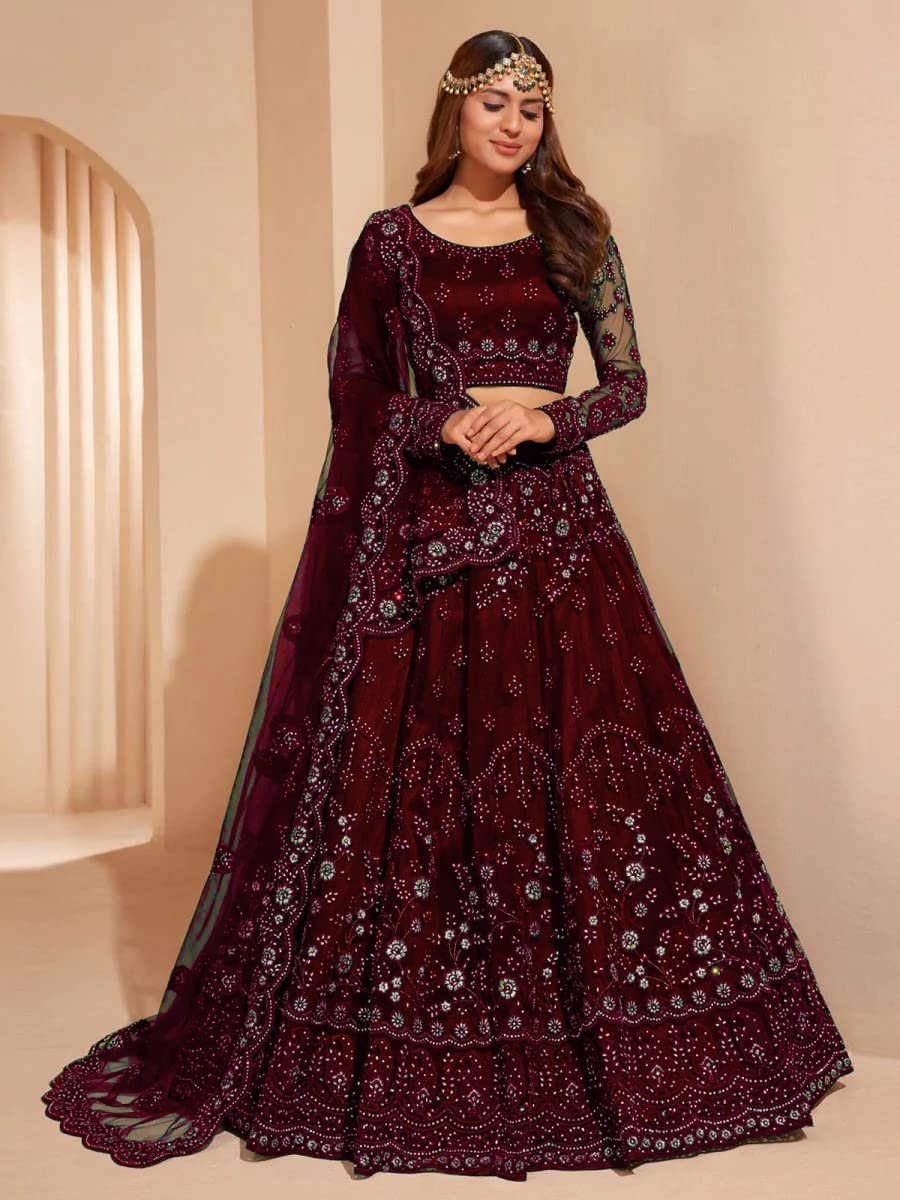 ZAALIMA FASHION Women`s Net Embroidered Silver Work Semi Stitched lehenga Choli (MAROON) - Image 7