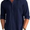 CB-COLEBROOK Men's Casual Button Down Shirts Long Sleeve Linen Shirt Fashion Textured Beach Summer Shirt (in, Alpha, M, Regular, Navy Blue)