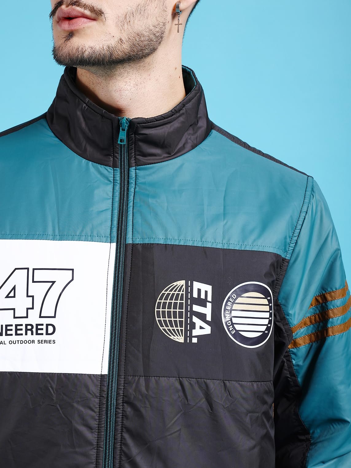 The Indian Garage Co Men Black Regular Fit Colourblocked Bomber Jacket - Image 5