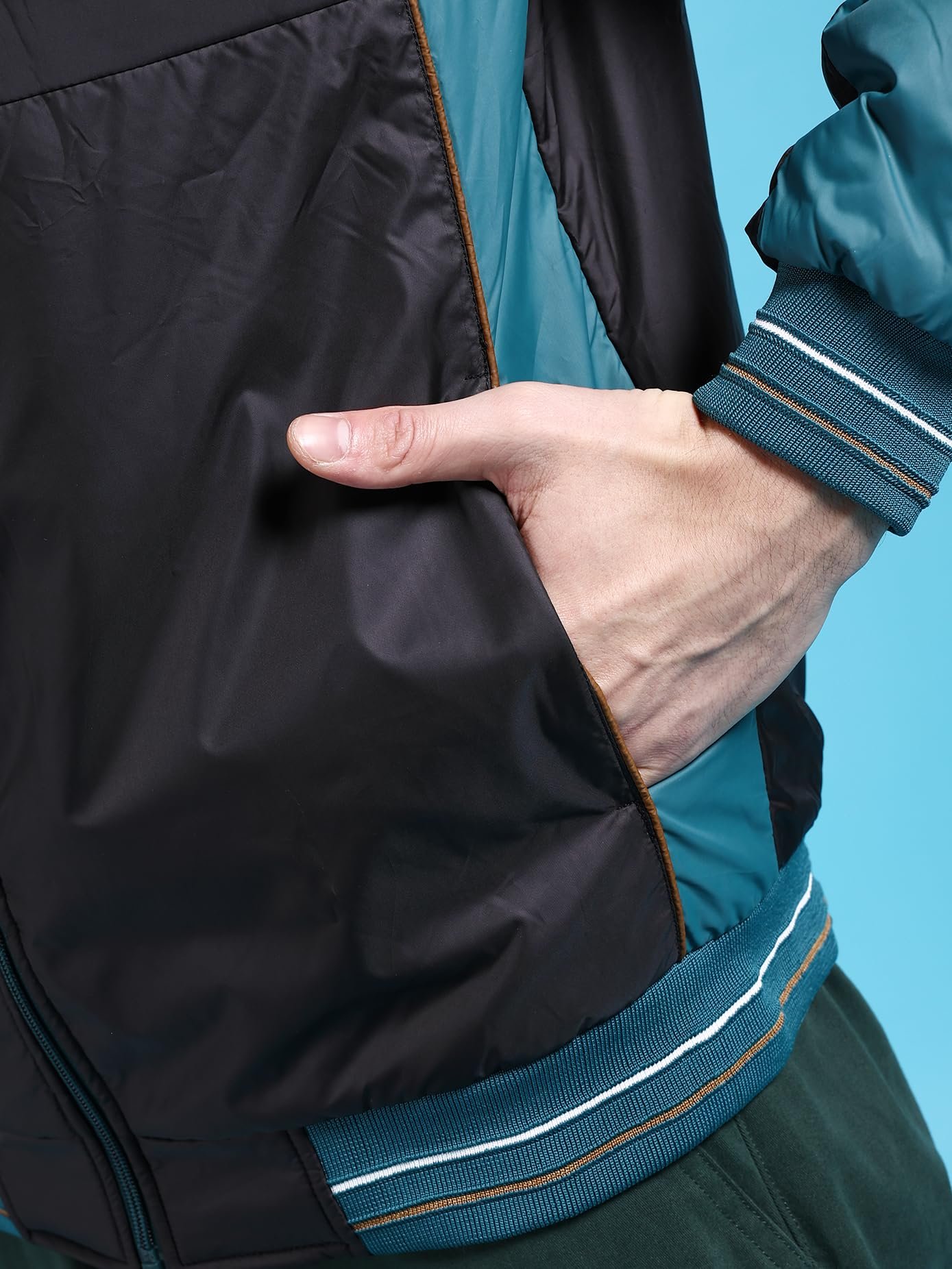 The Indian Garage Co Men Black Regular Fit Colourblocked Bomber Jacket - Image 3