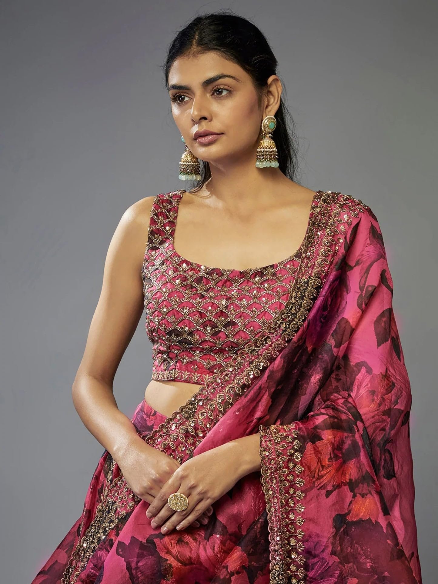 JIHU CULTURE Pink Organza Zari Sequence Embroidery Work Semi-Sttiched Lehenga Choli Set For Women - Image 5