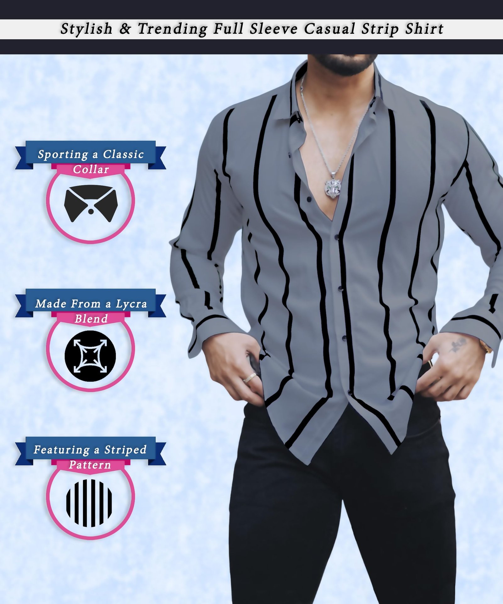 COMBRAIDED Men's Striped Slim Fit Lycra Shirt | Full Sleeve Stretchable Shirt | Trendy Black and White Vertical Stripes for Casual (in, Alpha, L, Grey) - Image 7