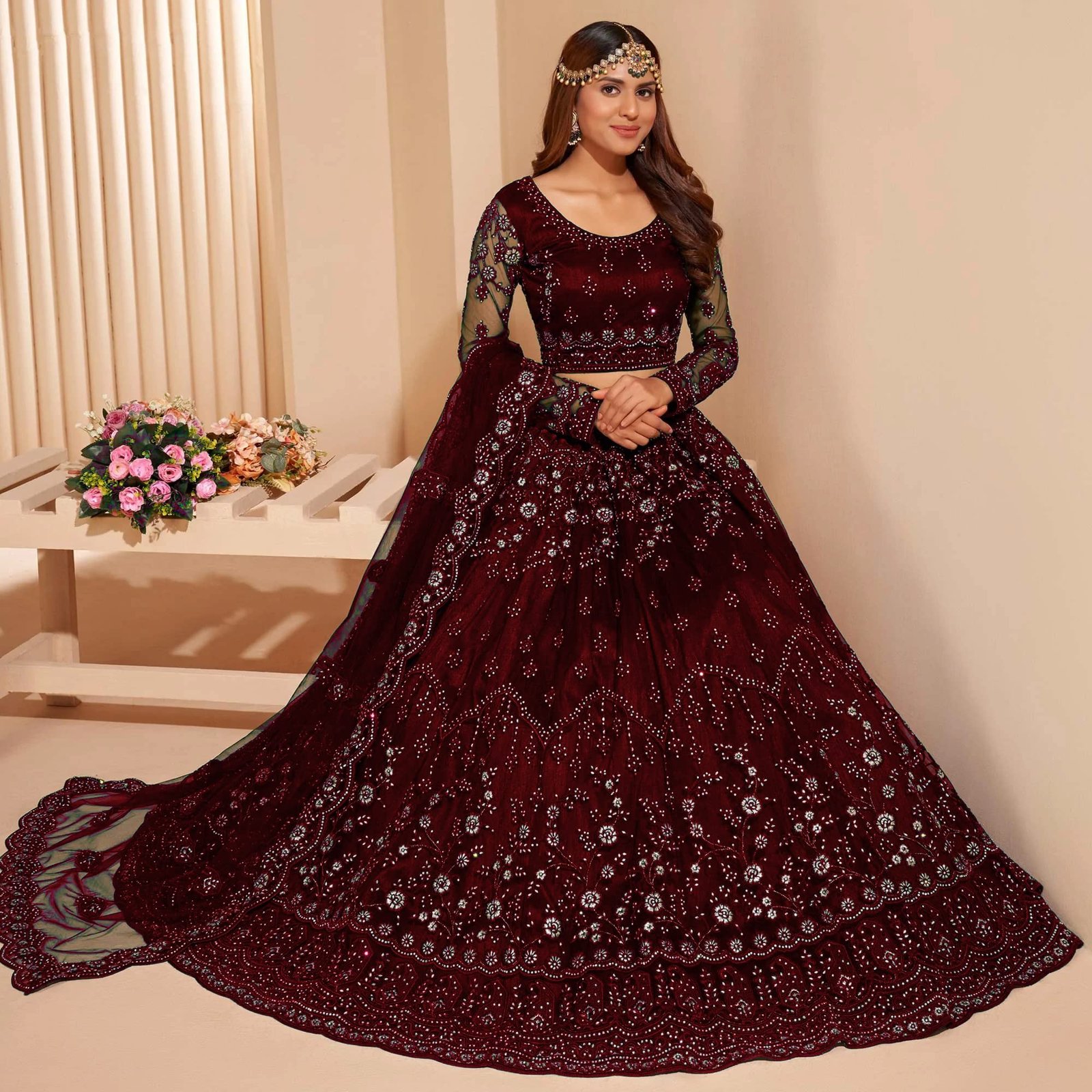 ZAALIMA FASHION Women`s Net Embroidered Silver Work Semi Stitched lehenga Choli (MAROON) - Image 3