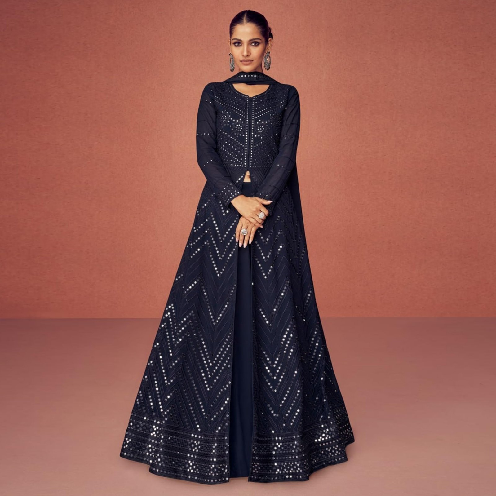 TRENDMALLS Women's Georgette Embroidery Unstitched Salwar Suit Set Kurta Lehenga Set With Dupatta (G129-Blue-S) - Image 6