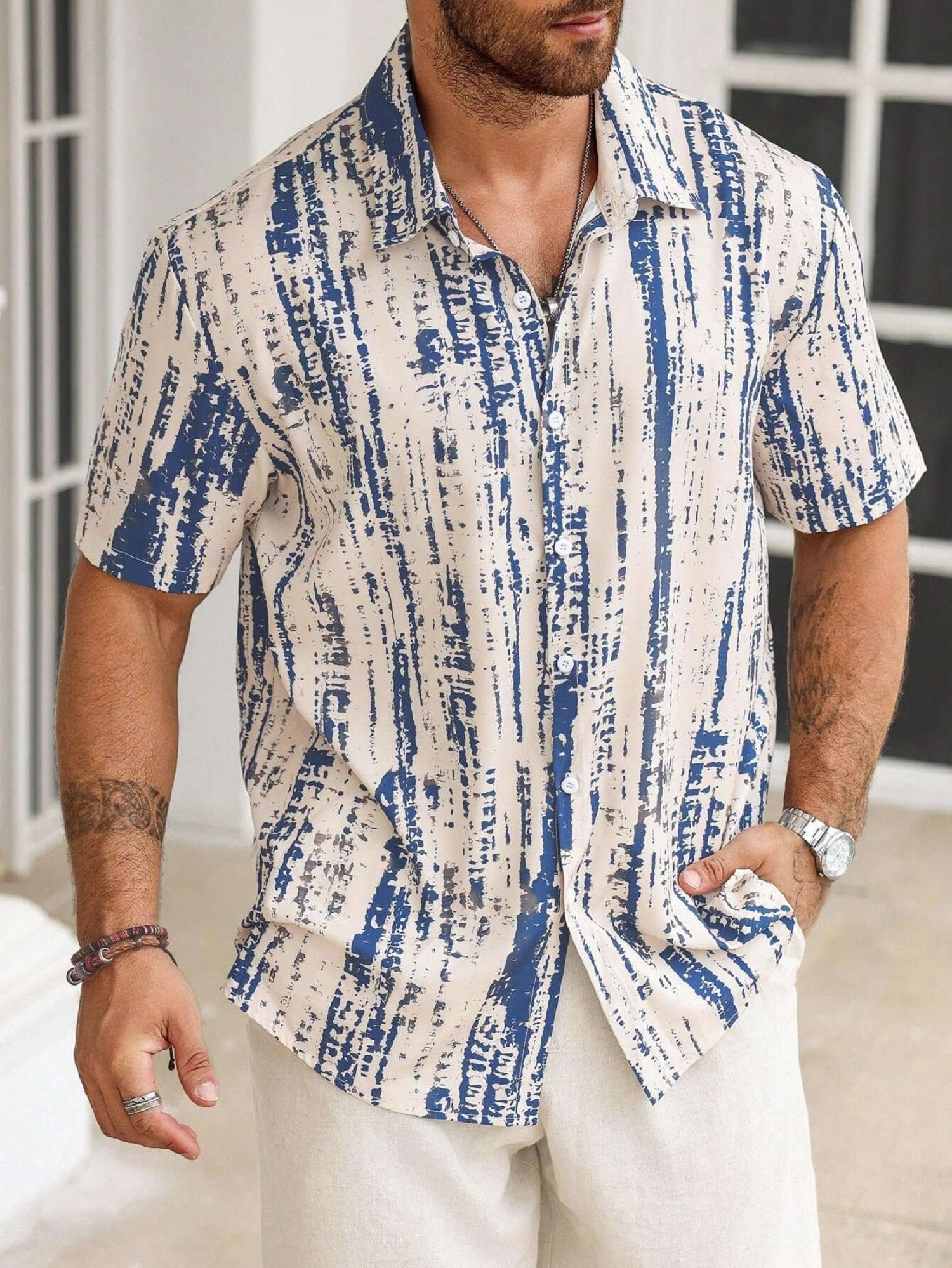 Lymio Mens Clothing Cotton Regular Fit Printed Casual Shirt Beige Blue (Tiedite-Cream-Blue-L) - Image 3