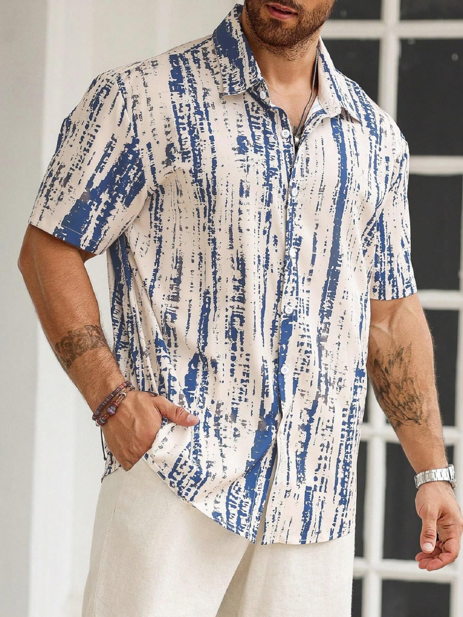 Lymio Mens Clothing Cotton Regular Fit Printed Casual Shirt Beige Blue (Tiedite-Cream-Blue-L) - Image 2