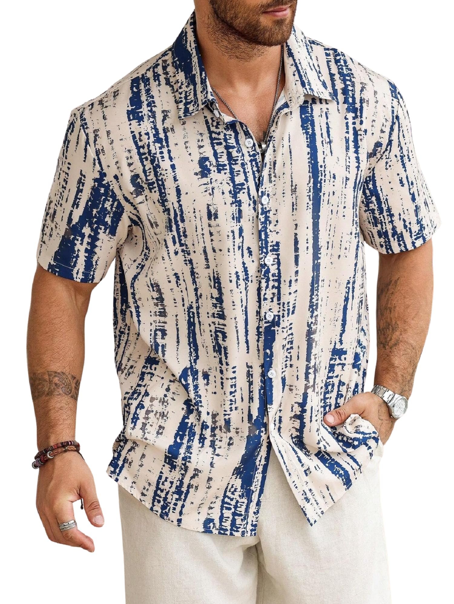 Lymio Mens Clothing Cotton Regular Fit Printed Casual Shirt Beige Blue (Tiedite-Cream-Blue-L)