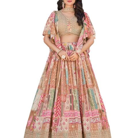 AG Clothing Women's Digital Print With Zari Dori Embroidery Work Chinnon Silk Lehenga Choli With Dupatta (ZC-Queen-7050-Beige-Women-Lehenga-Choli-New; Free size)